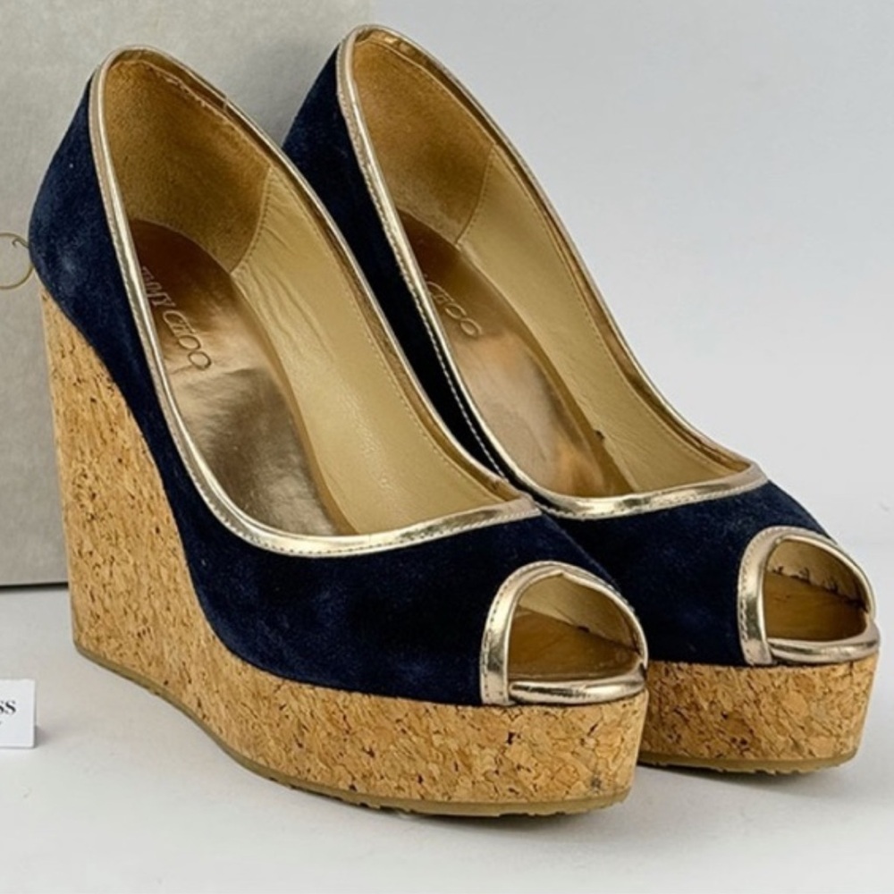 Jimmy Choo navy blue gold peep toe wedges size EU 39.5 US 9-9.5